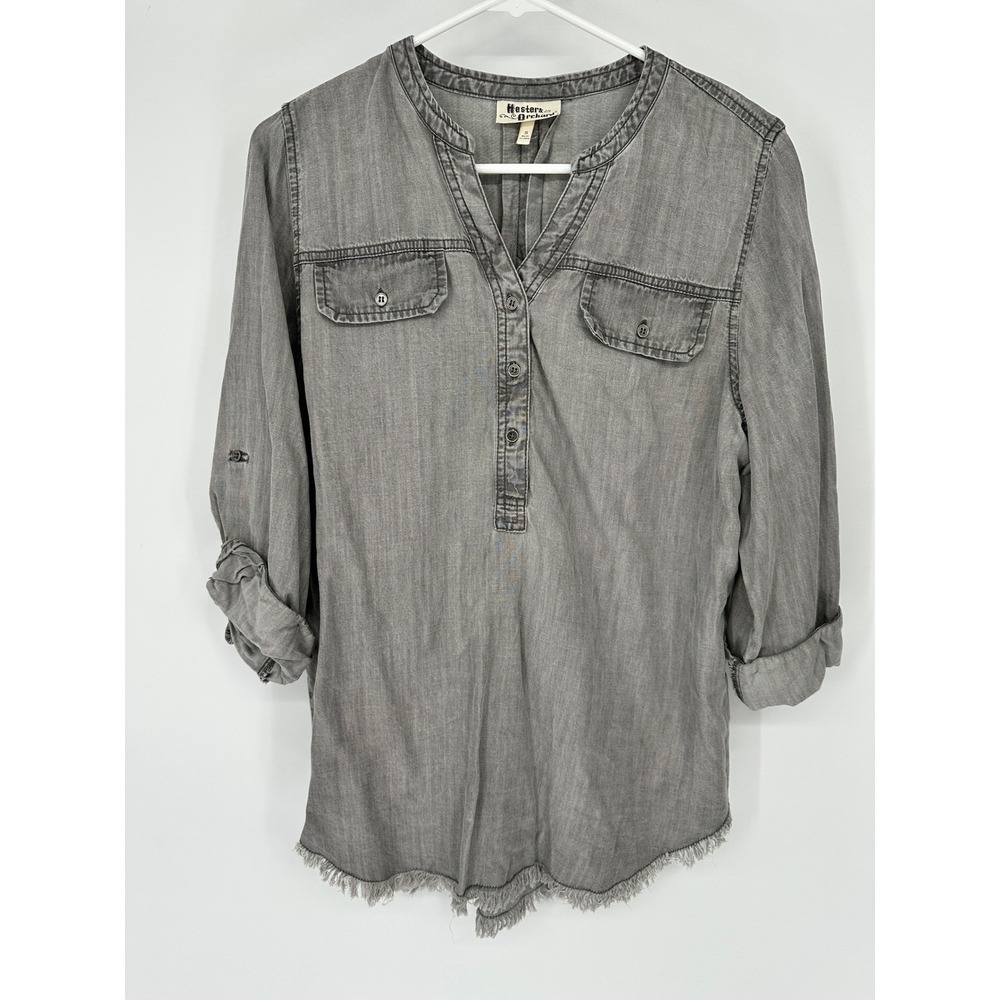 Hester‎ & Orchard Gray Tencel Fringed Tunic Shirt Top Women's Size Small